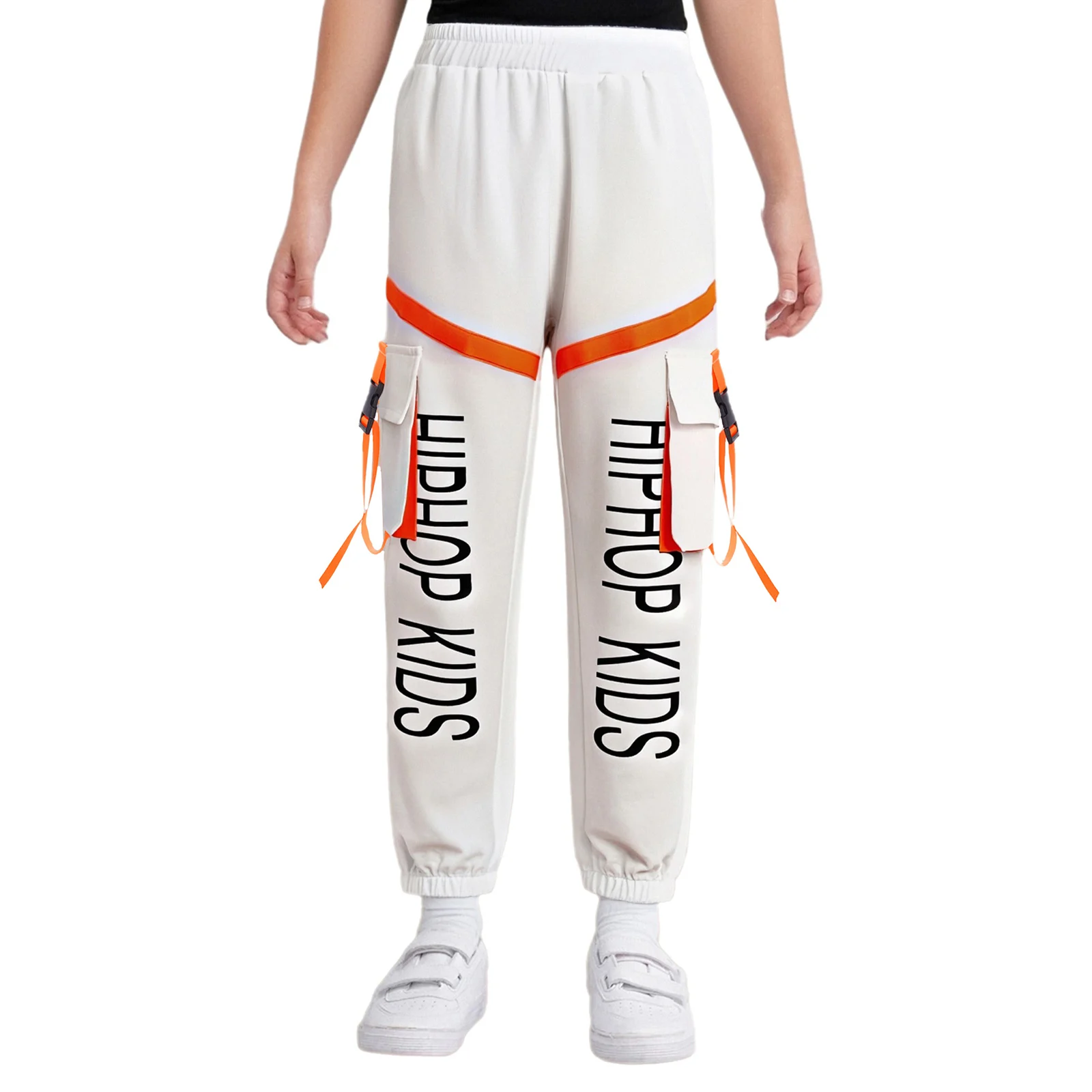 

Kids Girls Cargo Pants Hip-Hop Jazz Dance Pants Elastic Waistband Letter Printed Contrast Color Sweatpants with Pockets Trousers