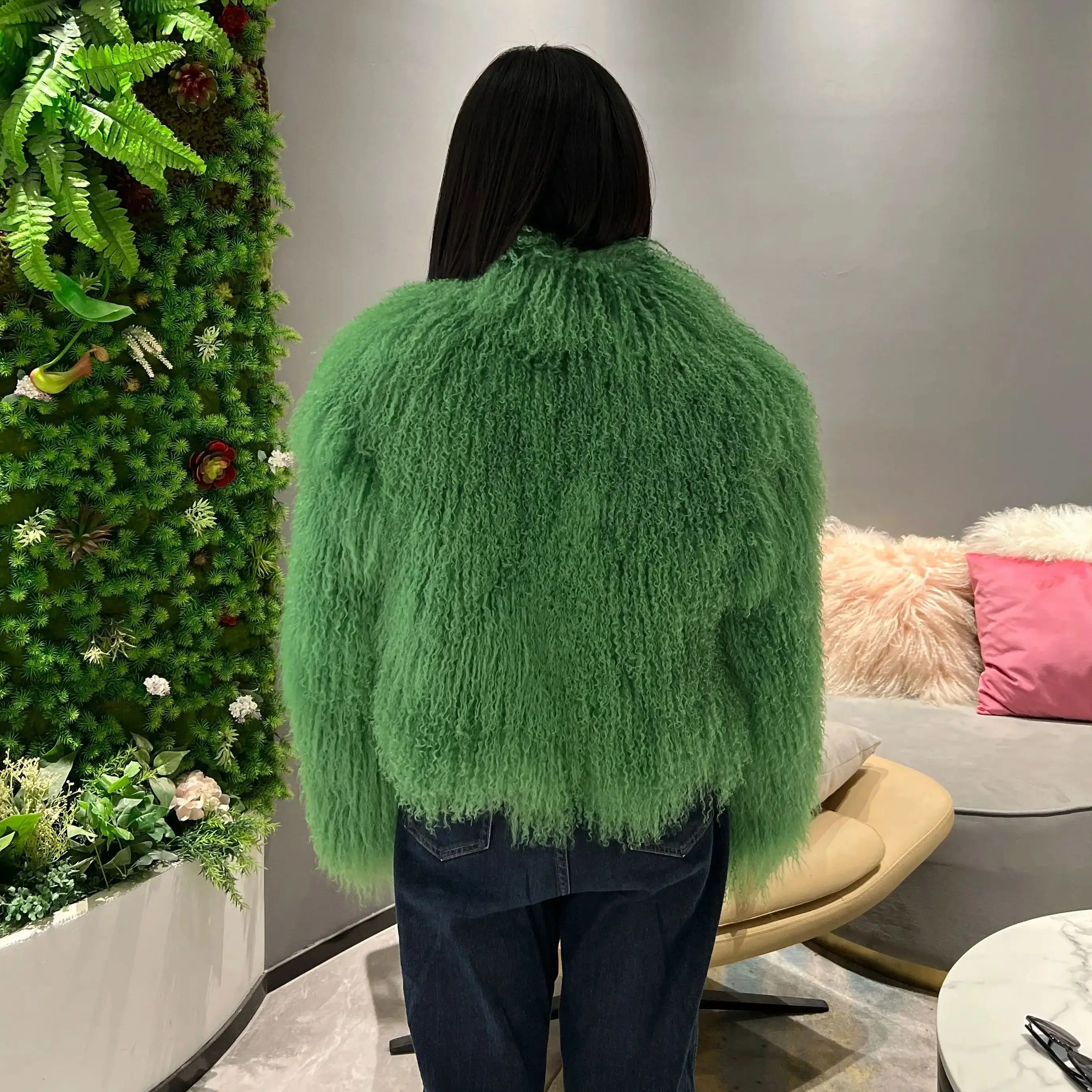 JANEFUR Short Sheep Fur Jacket Green Women 2024 Stand-Collar Warm Fashion Winter Real Mongolian Sheep Fur Coat