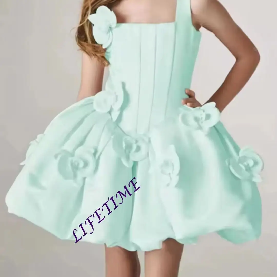 Customized 3D Applique Princess Dress above Knee Length Fluffy Tutu Spaghetti Strap for Flower Girl Pageant Party Wedding