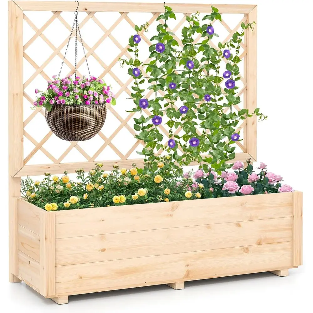 

Elevated Wooden Planter Box with Trellis, Drainage, for Herbs, Vegetables, Fruits - Indoor/Outdoor Patio Balcony (39x14x40)