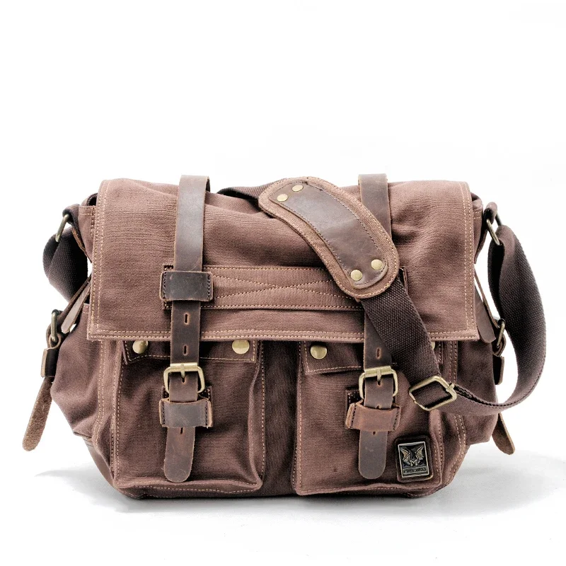 Vintage Canvas with Crazy Horse Leather Crossbody Bag Men Women Messenger Bag Shoulder Casual Satchels