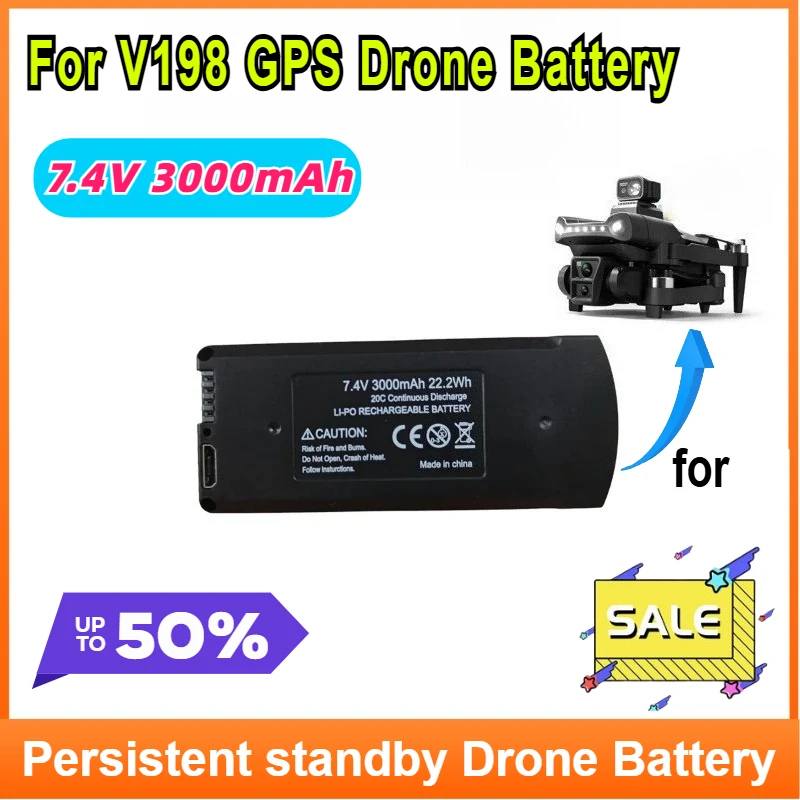 

V198 GPS Drone Battery 7.4V 3000mAh V198 MAX PRO 8K Drone Battery Packs for V198 GPS RC Quadcopter Spare Accessories