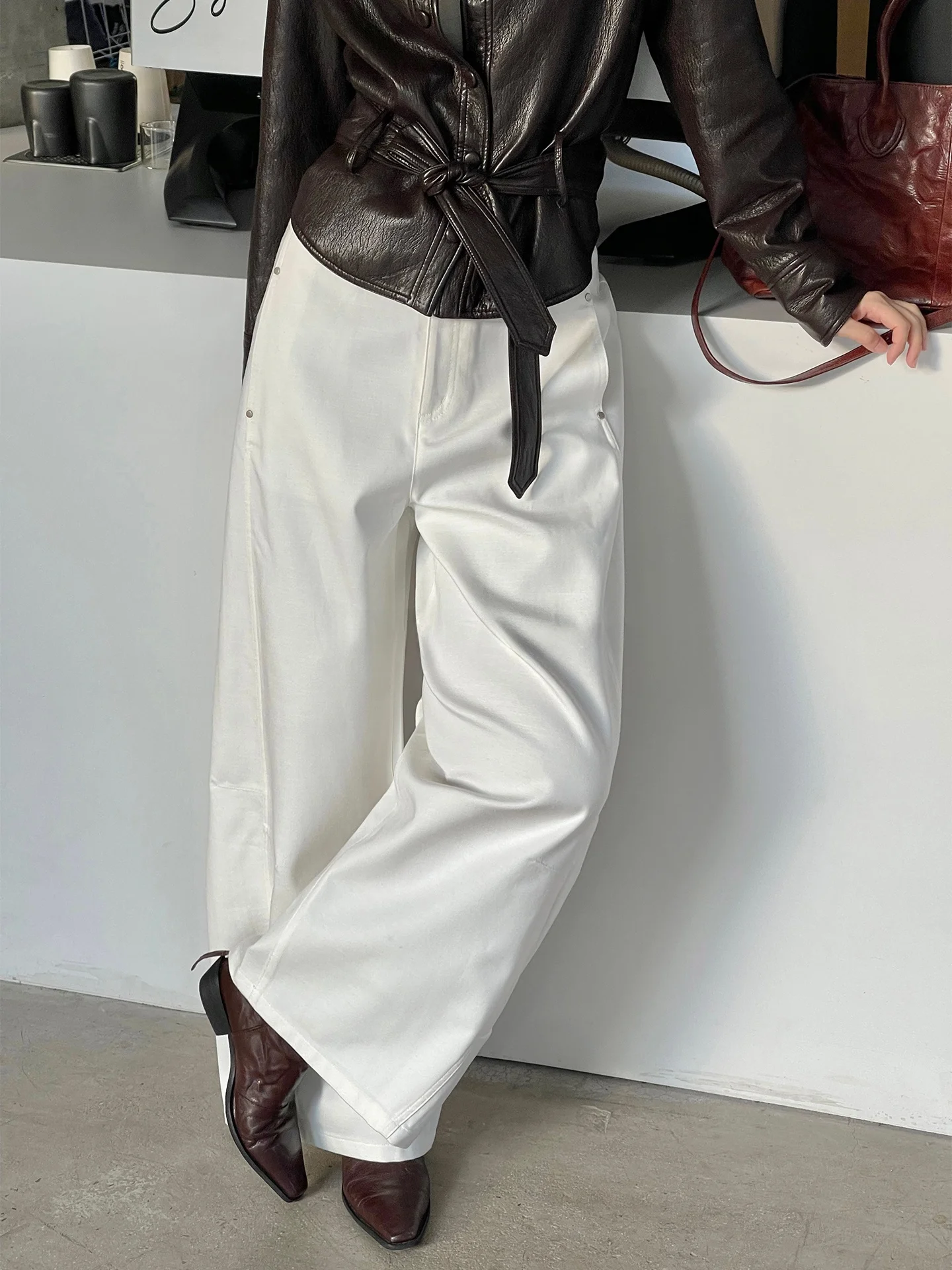 

Jieji Zhang Qi Spring Design White Knife Work Pants Versatile Slimming Denim Casual Straight Leg Cotton Blend Ladies Tro...