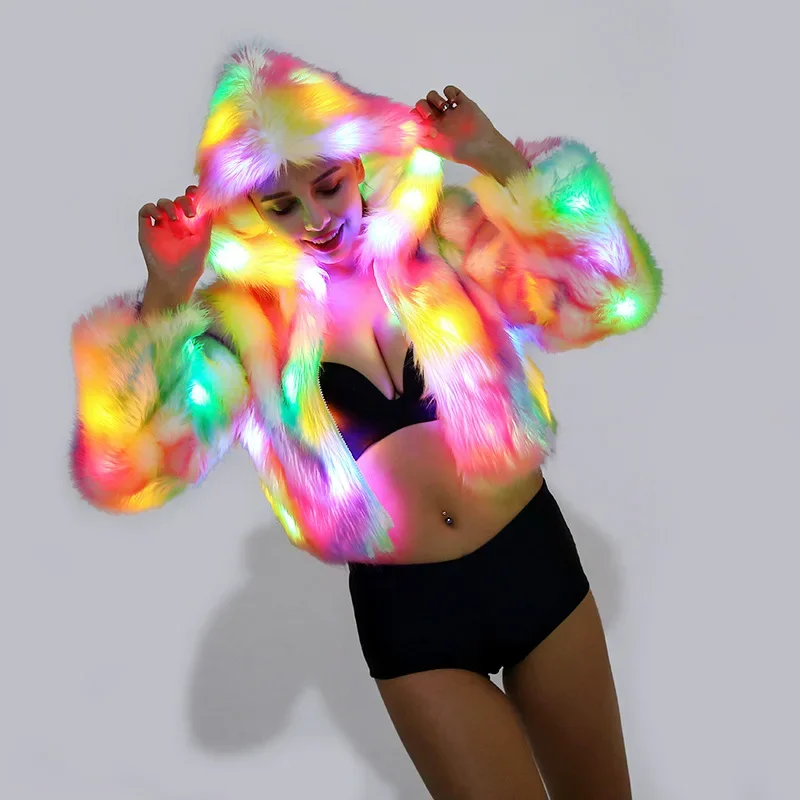 

LED Fur Coat Women Nightclub Party Stage Performance Jacket Rave Outfit Music Festival Clothes 2024 Multicolor Dancer Wear Fancy