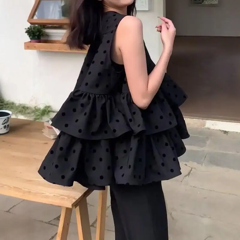 Black Polka Dot Sleeveless Vest Shirt Women's Summer Loose Doll Neck round Top Fashionable Commute Style Splice Element