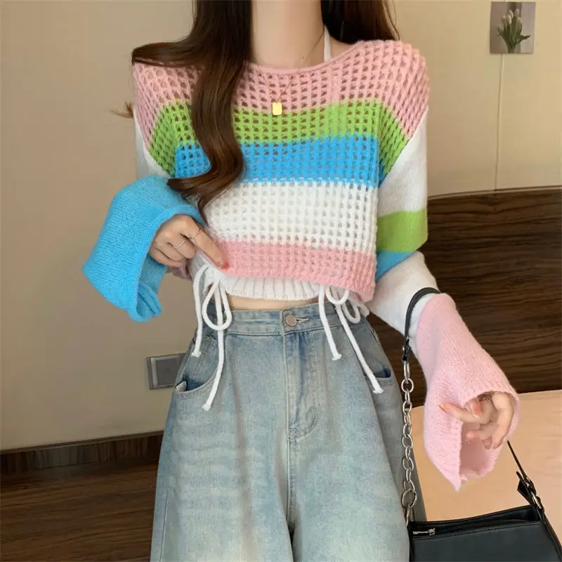 Cropped Pullovers for Women Colorful Hollow Out Cute Youths Spring Fashion Loose Sweet Knitwear Casual All-match Harajuku Girls