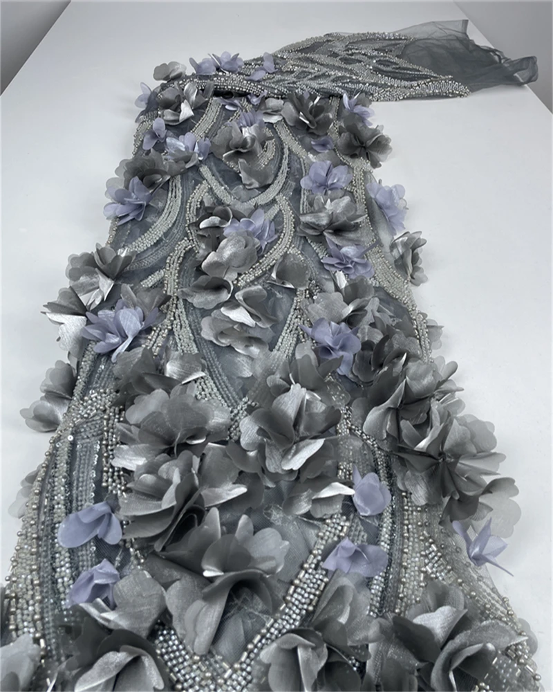 African Tulle Lace Fabric, Sequins Mesh Lace, Luxury Beads, 3D Flowers Embroidered, High Quality