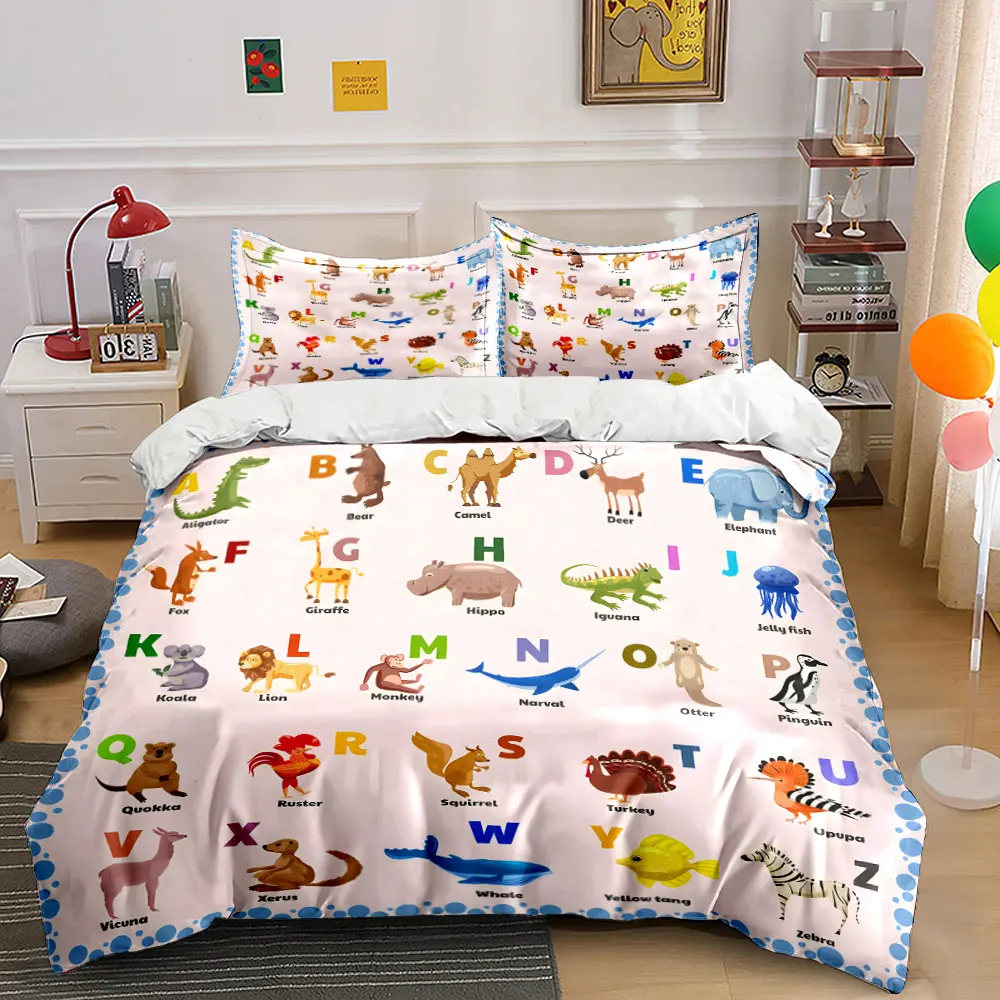 Cartoon animal alphabet illustration Print Bedding set 3PC 1 duvet cover 2 pillowcases adult and children bedding set Luxury