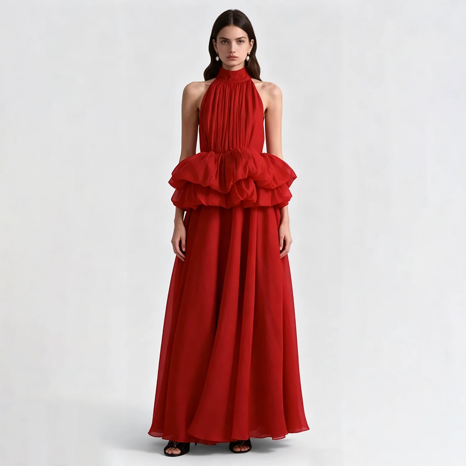 

LIMO Backless Halter Neck Tiered Ruffle Maxi Dress Flowy Formal Evening Outfit