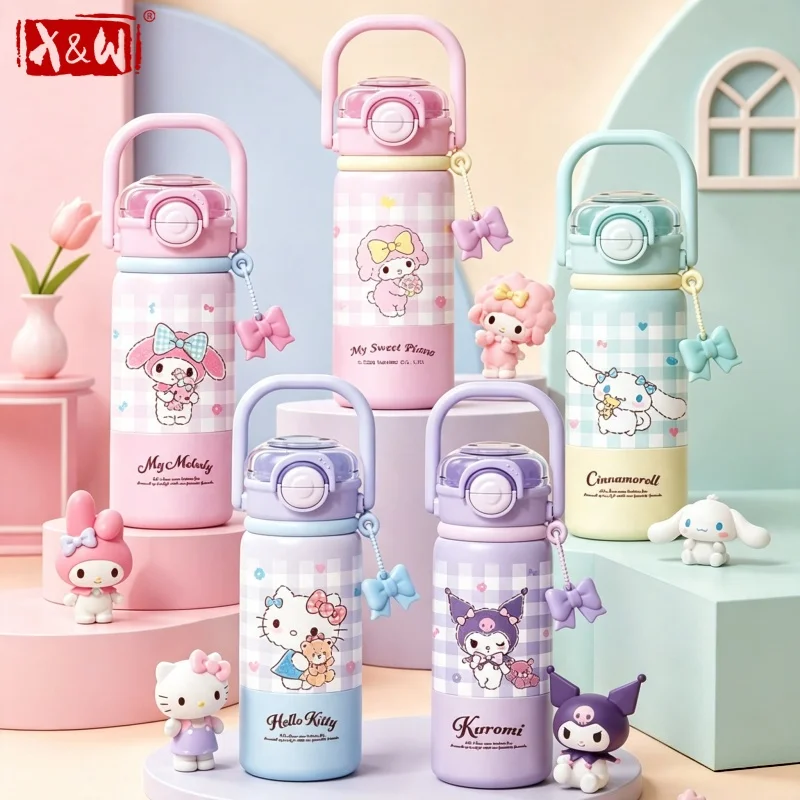 X&W Sanrio 520ML Thermos Bottle Cartoon Hello Kitty Straw Thermal Mug with Handle＆Bow Pendant  Summer Lovely Ice Tumbler Cups