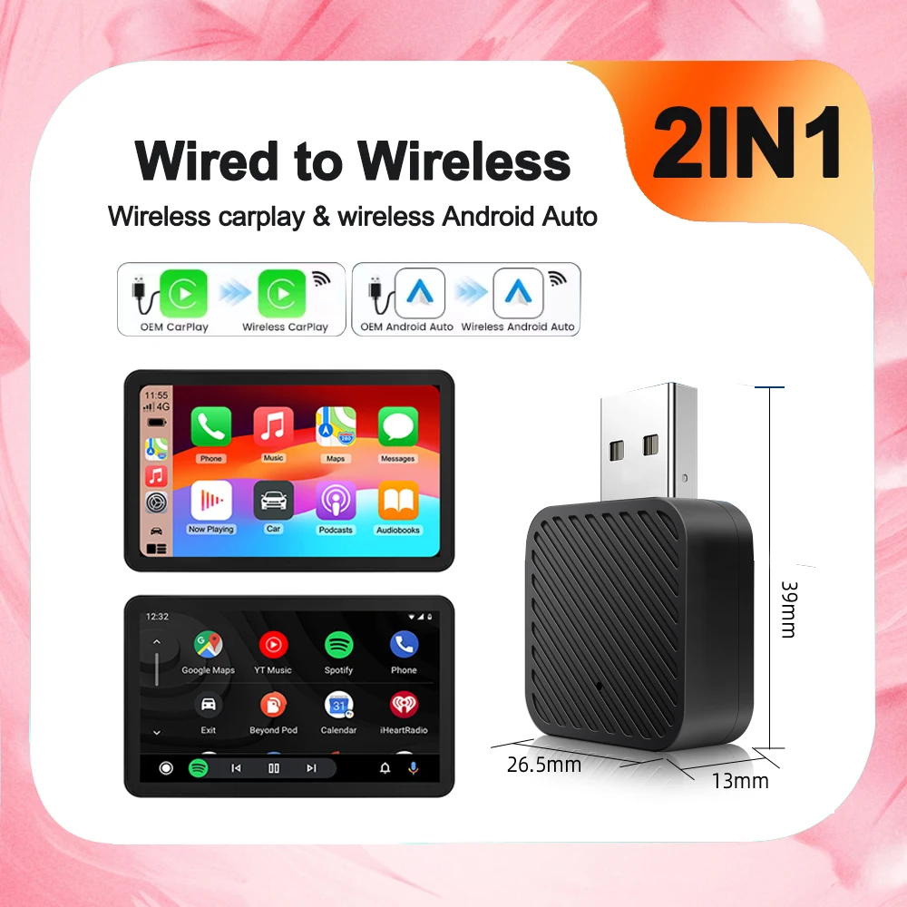 2in1 Wireless CarPlay Android Auto Adapter for OEM Car Stereo With USB Plug and Play