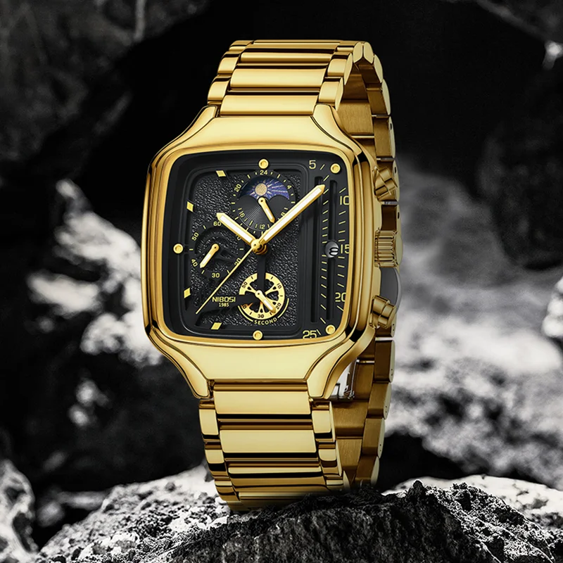 NIBOSI Sqaure كوارتز رجل ساعات كرونوغراف من الفولاذ المقاوم للصدأ ساعة للرجال مضيئة مرحلة القمر ساعات المعصم Relogios Masculino