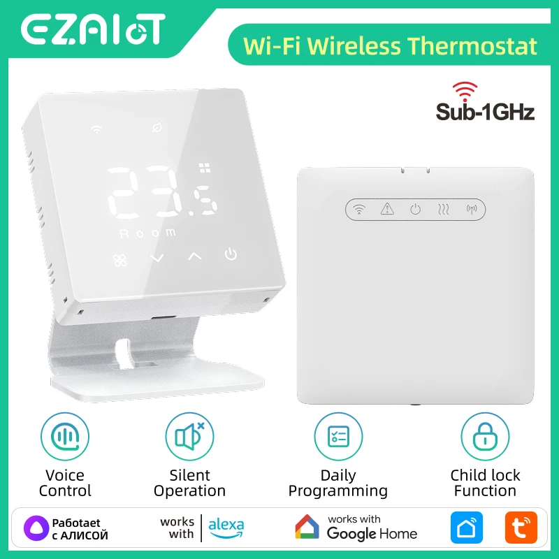 

Умный Wi-Fi термостат Tuya с радиочастотным управлением для газового котла с приемником, программируемый на каждый день, дистанционное управление, совместимость с Alexa, Google, Smart Life