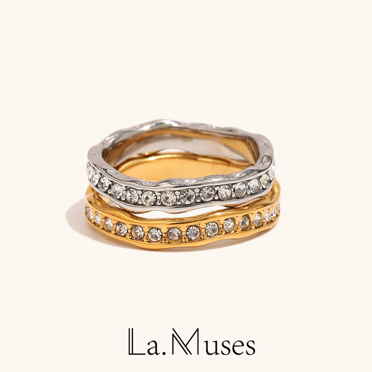 La.Muses – bague de luxe en acier inoxydable, motif ondulé irrégulier, plein de diamants, anneaux imperméables, bijoux à usage quotidien