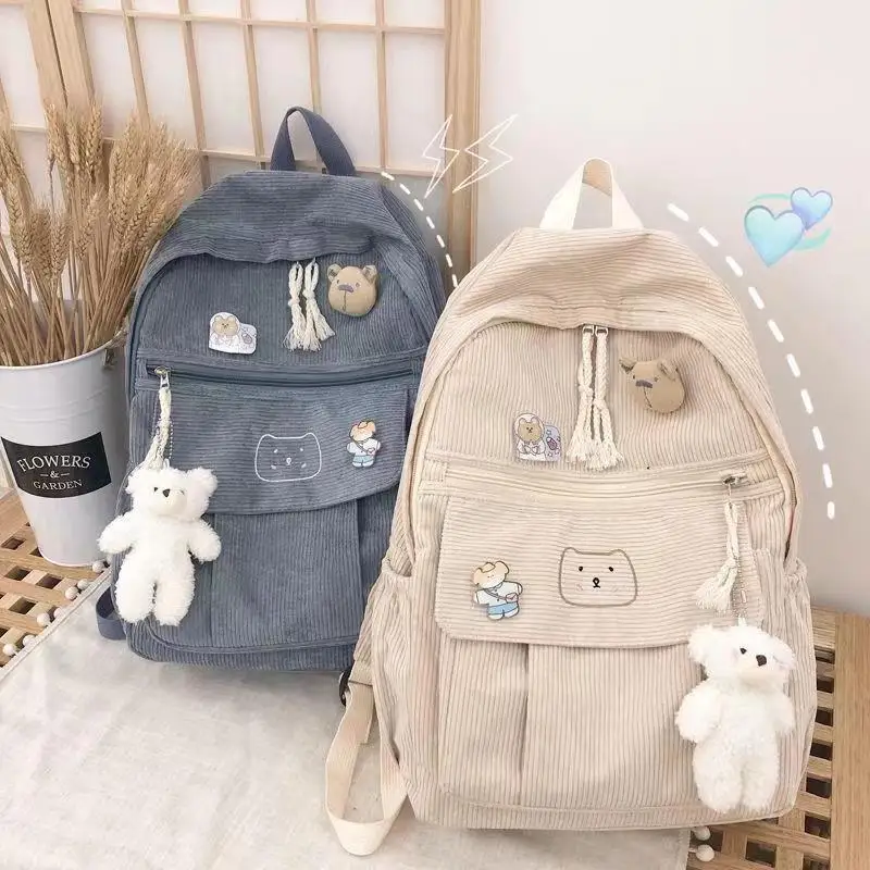 Soft Zipper Corduroy Schoolbag Female Harajuku High School College Student Versatile Stripe Velvet Backpack Cute Backpack