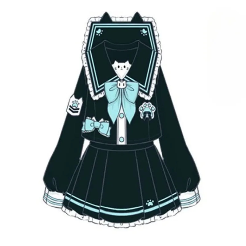 2025 جديد اليابانية الكورية Kawaii Preppy Jk أعلى + تنورة مجموعة البحرية طوق طويلة الأكمام قميص قصير كشكش حافة المرقعة مطوي التنانير