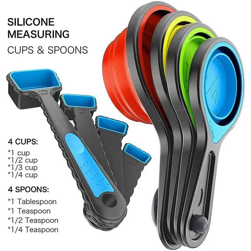 AT05-16X Foldable Silicone Measuring Cups And Measuring Spoons Set, Measuring Spoons For Cooking Baking Dosing Dosing Aid