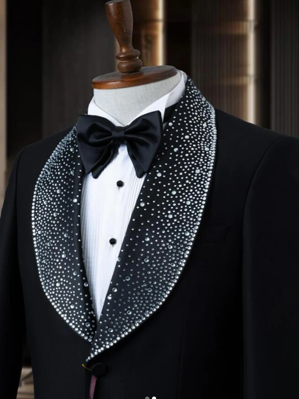 Black Men Suits With Beaded Crystal Wedding Groom Tuxedos 2 Pieces Sets Male Prom Formal Party Blazer Slim Fit Costume Homme