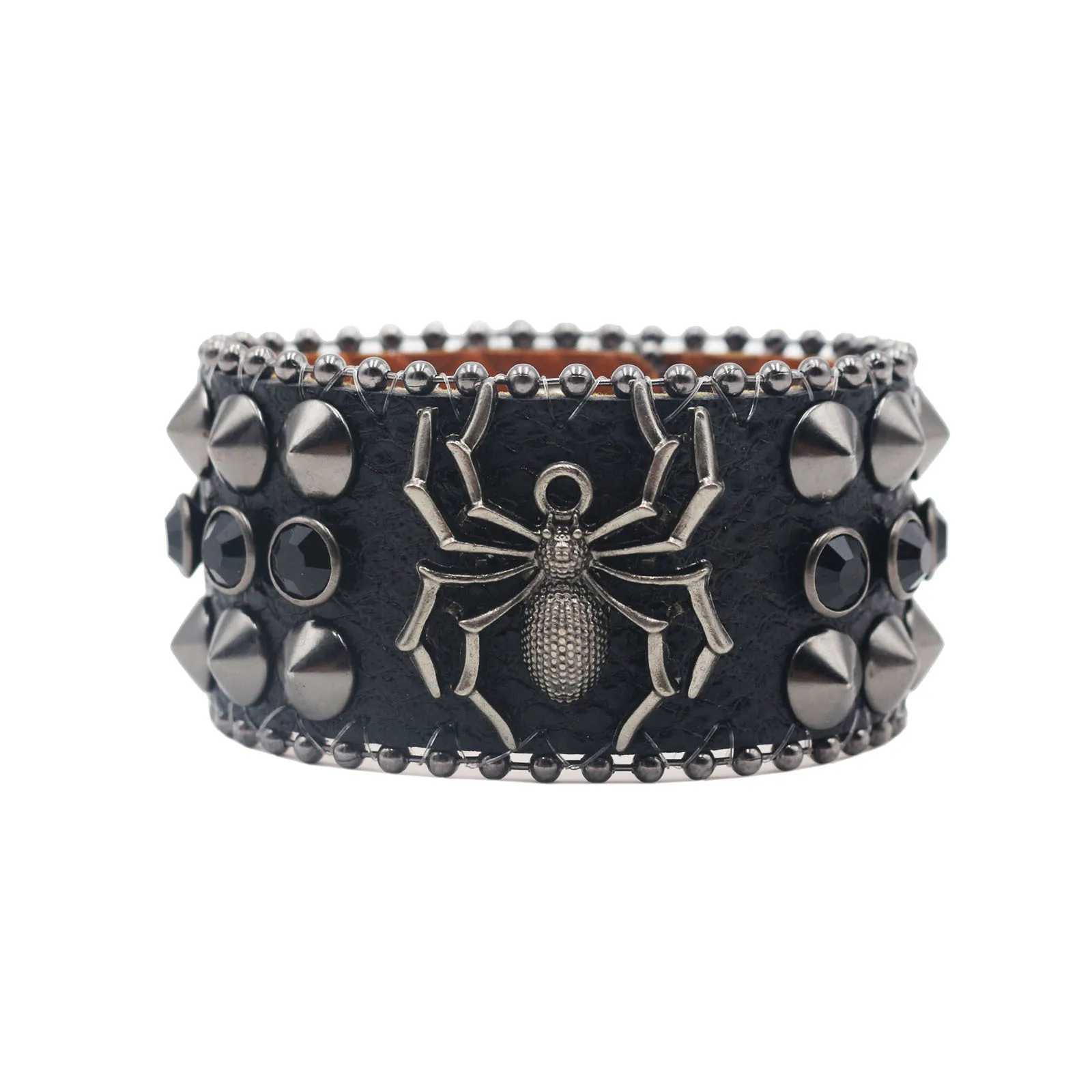 Europe and America Artificial Leather Invisible Inlaid Black Zircon Rivet Spider Bracelet UNISEX Punk Bracelet