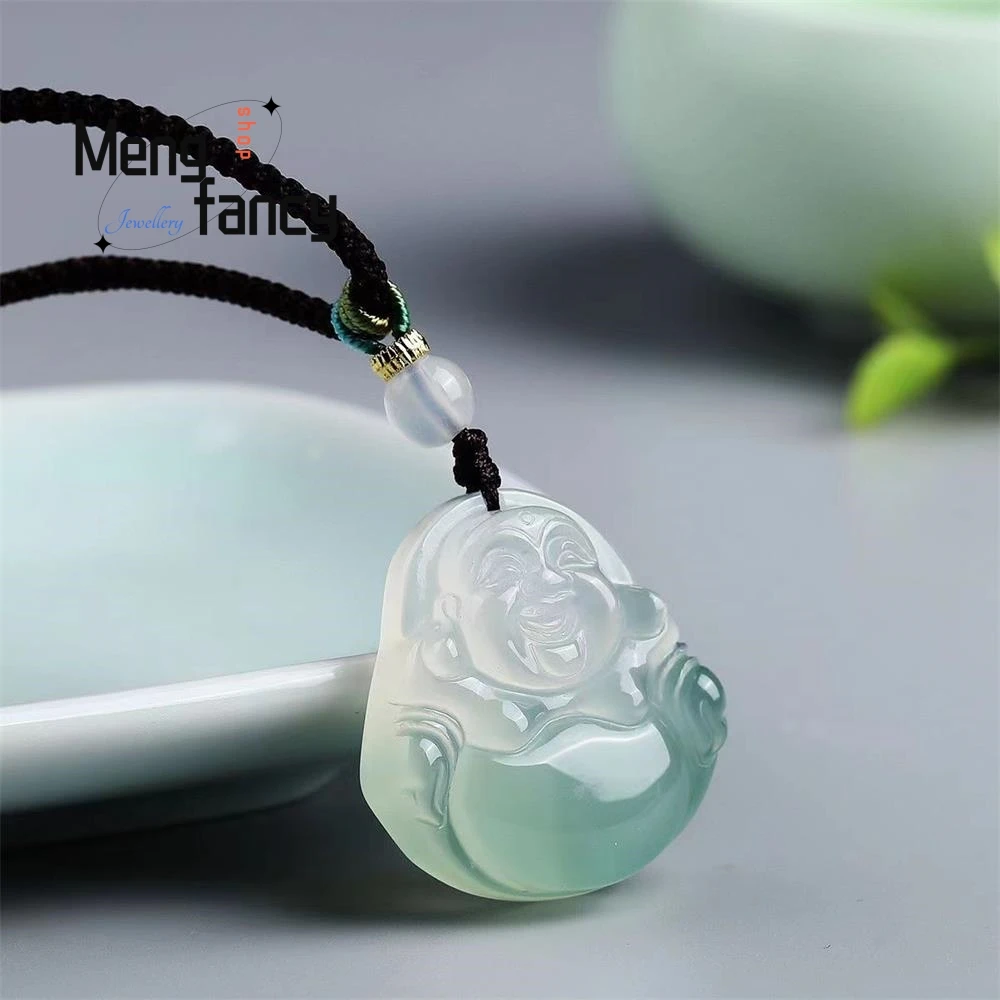 Natürlicher Eis qualität Chalcedon Achat halb Berg halb Wasser Maitreya Buddha Anhänger exquisite elegante hochwertige Modeschmuck