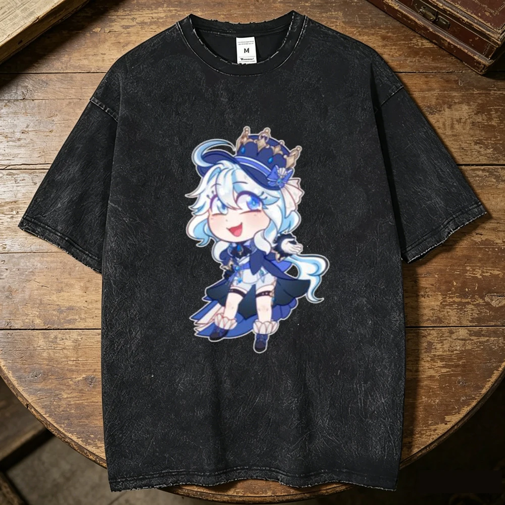Genshin Impact Furina cotton Vintage Washed teen Retro korean clothes Trendy Y2k Gothic 2000s Comfortable hip hop Pastel Vintage