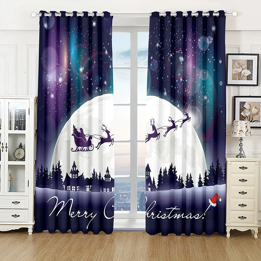 Cartoon Christmas Happy New Year Star Red Ball Kids Window Curtains Blinds for Living Room Bedroom Kitchen Door Home Decor 2Pcs