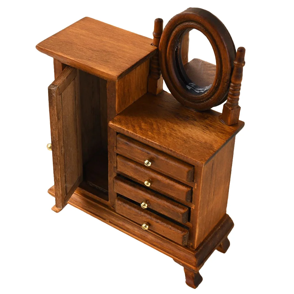 

Miniature Bedroom Furniture 1:12 Wooden Vanity with Mirror Functional Dressing Table Mini Sideboard for Dollhouse Bedroom Scene
