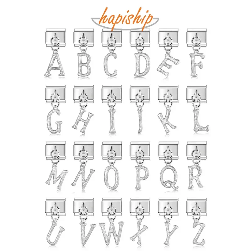 Hapiship 2024 Women Girls English A-Z 26 Letters Charm Italian Links Fit 9mm Bracelet Stainless Steel DIY Making Jewelry DJ862