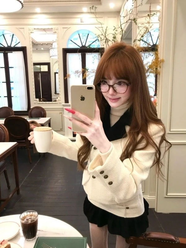 

Ele Miss Overseas Sle Set Splice Color Colion Double Row Button Outerwear ort Skirt Set Faionable Women's Outfit