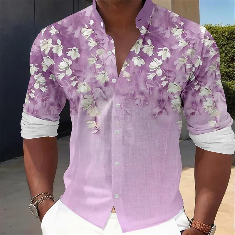Men's Floral Print Long-Sleeve Shirt, Stylish and Casual for Vacation