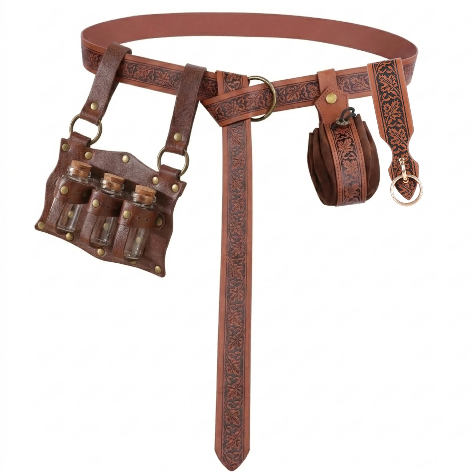4pcs Medieval Retro Leather Set Embossed Waist Belt  Drawstring Coin Purse Skirt Clip Cork Potion Bottle with Leather Holster for Renaissance Fairs & Cosplay Party
