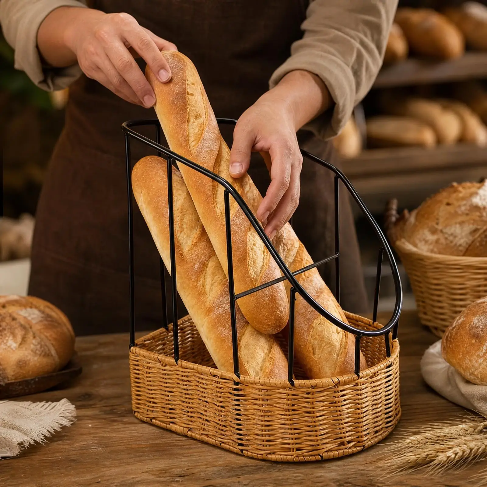 Kitchen Bread Basket with Metal Support Rust Proof Woven Body for Croissants Baguettes Pastry Display