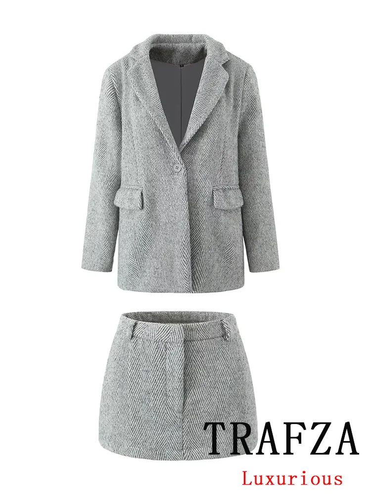 TRAFZA Vintage Office Lady Chic Suit Solid V Neck Single Button Blazer Mini Slim Skirt New Fashion 2024 Autumn Casual Chic Sets