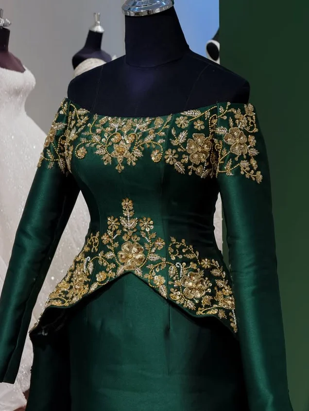 Elegant Green Moroccan Style Gowns Muslim Evening Off Shoulder Trailing Long Sleeve Appliqued Decoration Dubai Gowns Prom Dresse view 3