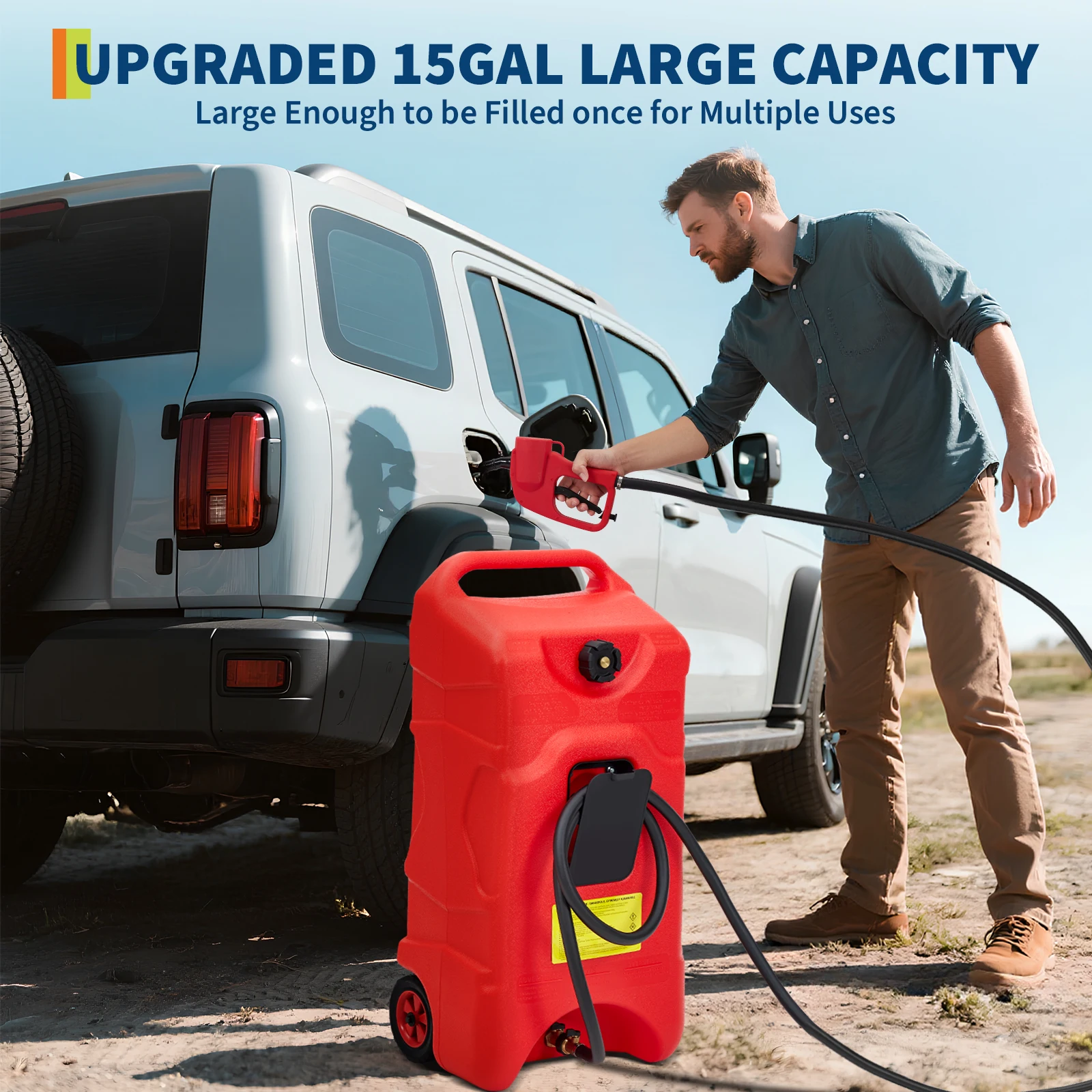 Upgraded 16 Gallon Gas Tank, Heavy-Duty Fuel Can with Manual Transfer Pump & 10FT Hose, Portable Gas Can with Casters, Leak-Proof Gas Container for Lawn Mowers, Tractor, Boat, Snow Blow