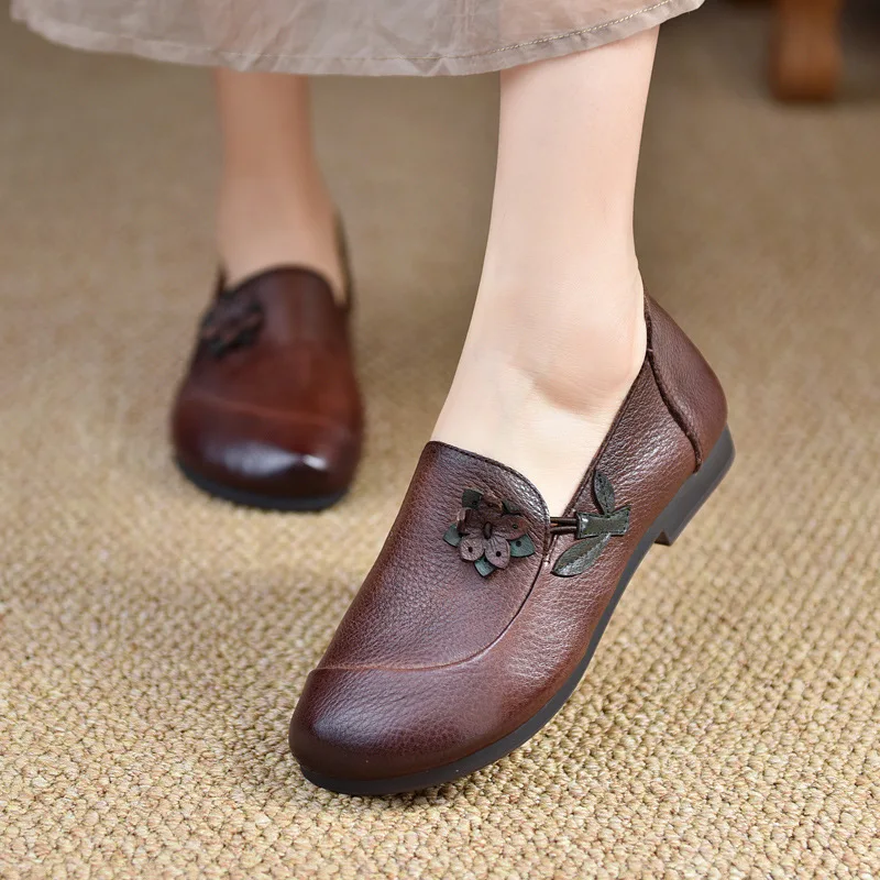 2024 Spring Leather Flats Women Soft Loafers Shoes Genuine Leather Ballet Flats Slip on Shoes for Women Handmade