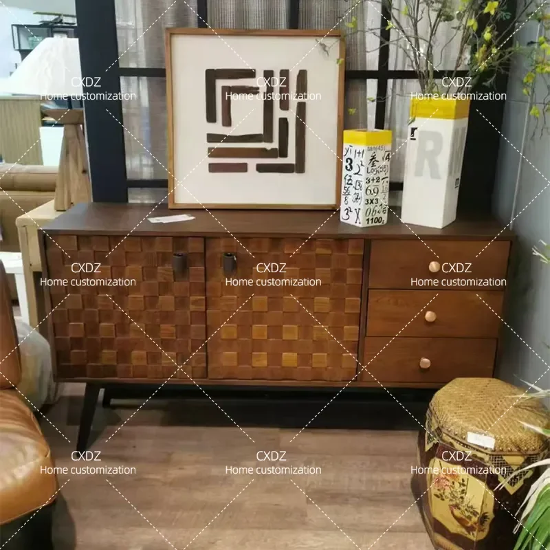 Retro Solid Wood Side Cabinet Antique Style Simple Storage Locker Coffee Bar Console Table for Living Room Home Furniture