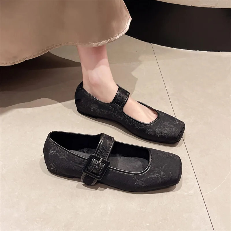 Sapatos rasos de boca quadrada para mulheres, calçado feminino, vestido de verão novo, Mary Janes Flat Shoes, 2024