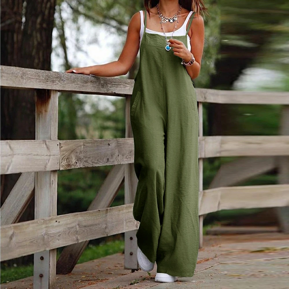 Women\'s Sleeveless Plus Size Jumpsuit Cotton And Linen Solid Loose Wide Leg Slash Pocket Casual One-piece Ankle-Length Pants