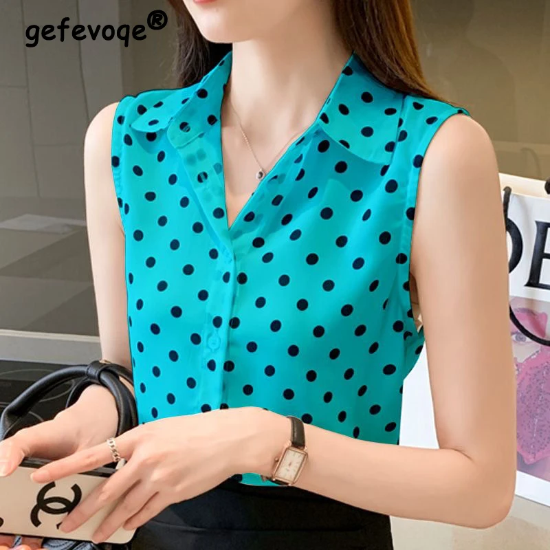 2024 Summer Women Korean Fashion Polka Dots Print Sleeveless Shirts Office Lady Elegant Commute Blouses Casual Slim Chiffon Tops