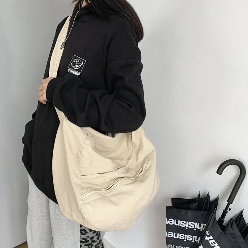 

Oversized Teen Casual Canvas Textile Messenger Bag Female Big Capacity Y2K School Book Laptop Overnight Weekender Slouchy Bag