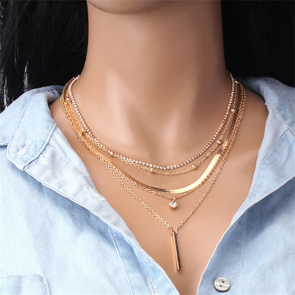 Gold-plate Multi-Level Crystal Snake Chain Geometric Pendant Necklace For Women Vintage Fashion Boho Girl Cute Jewelry Gfit