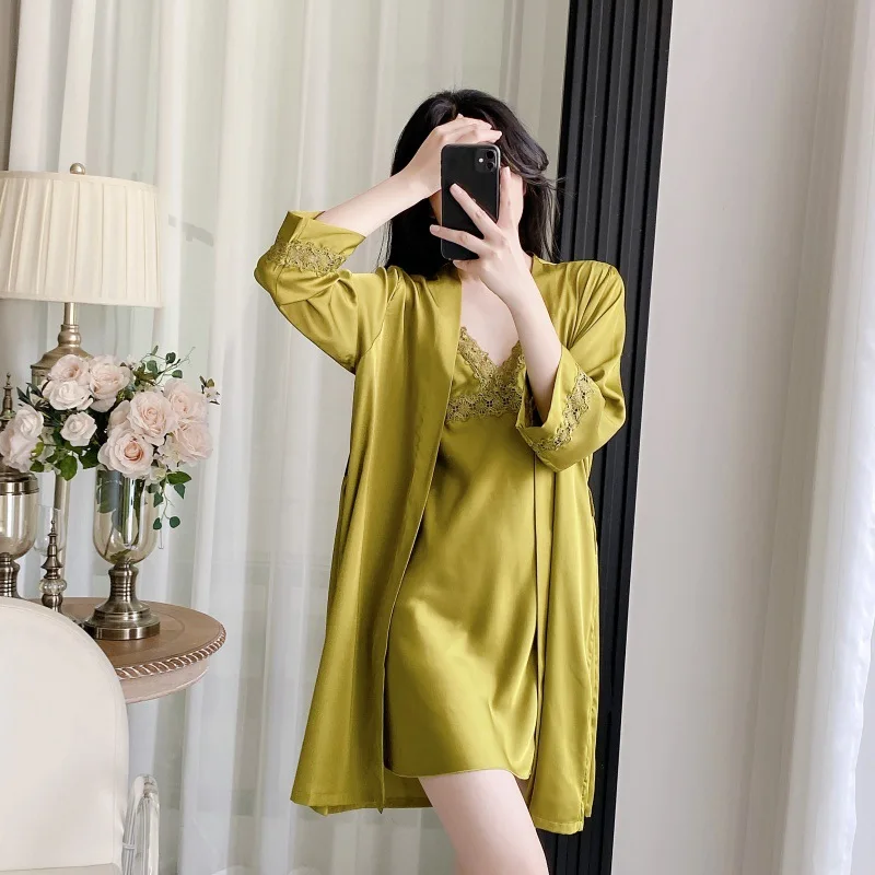 

Женский атласный комплект-двойной халат, комплект дворцового стиля, кружевная сорочка, ночная рубашка, атласное кимоно, халат, весна-лето, домашнее платье, одежда для сна