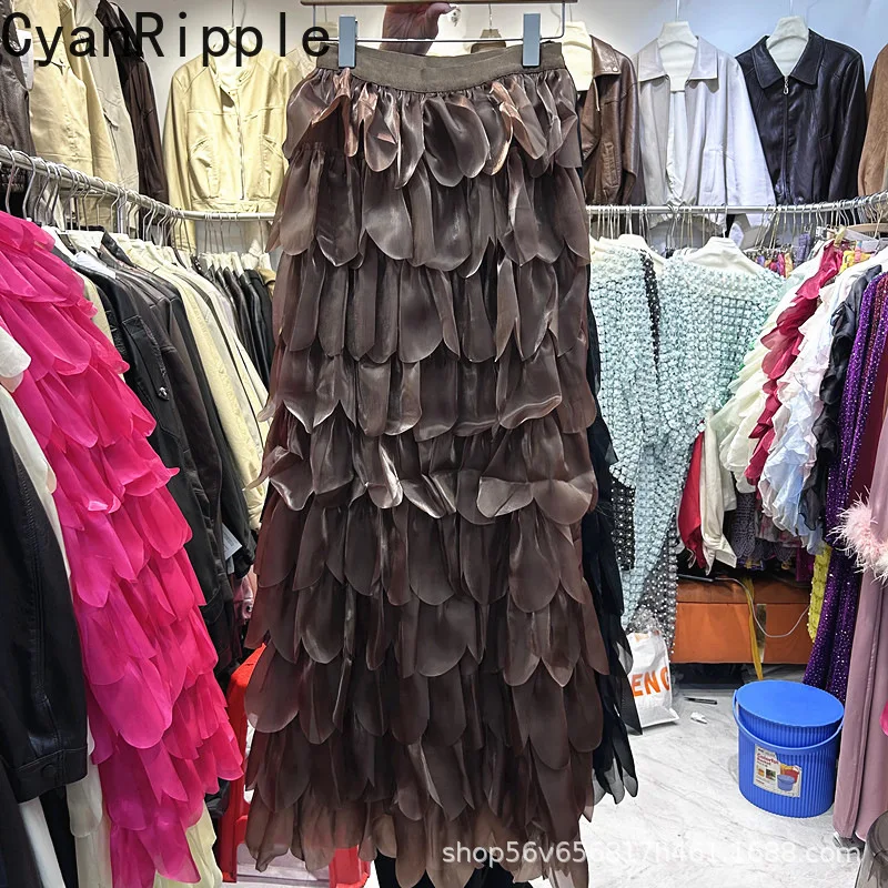 

Fashion Lady New Spring Summer Layer Upon Layer Ruffles Cake Skirt Trendy All-match Elegant Elastic Waist Mid-long A-line Skirts