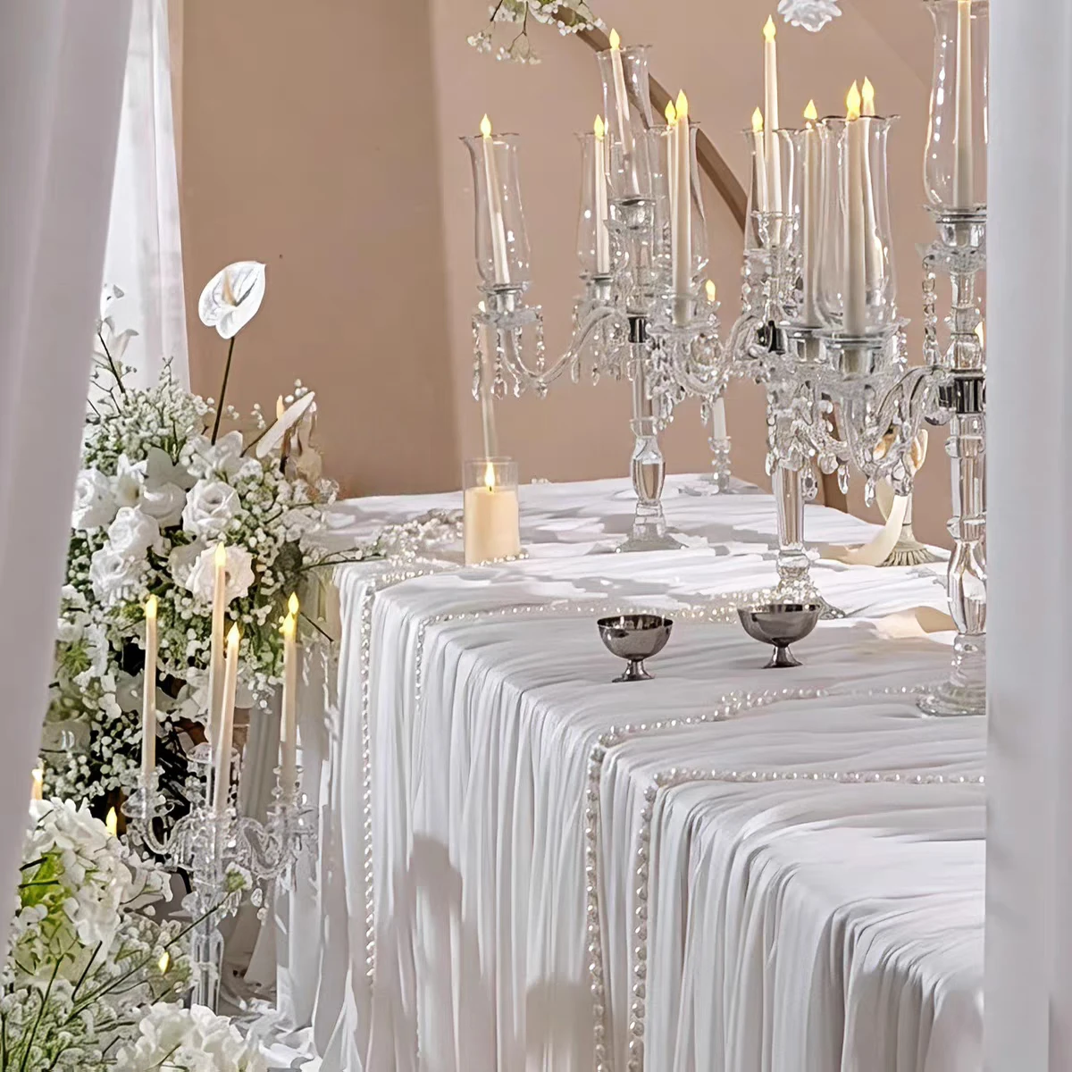 

10M High-end Korean Cream White Milk Silk Fabric Elastic Table Cloth Drape Draping for Wedding Decor Baby Birthday Dessert Table
