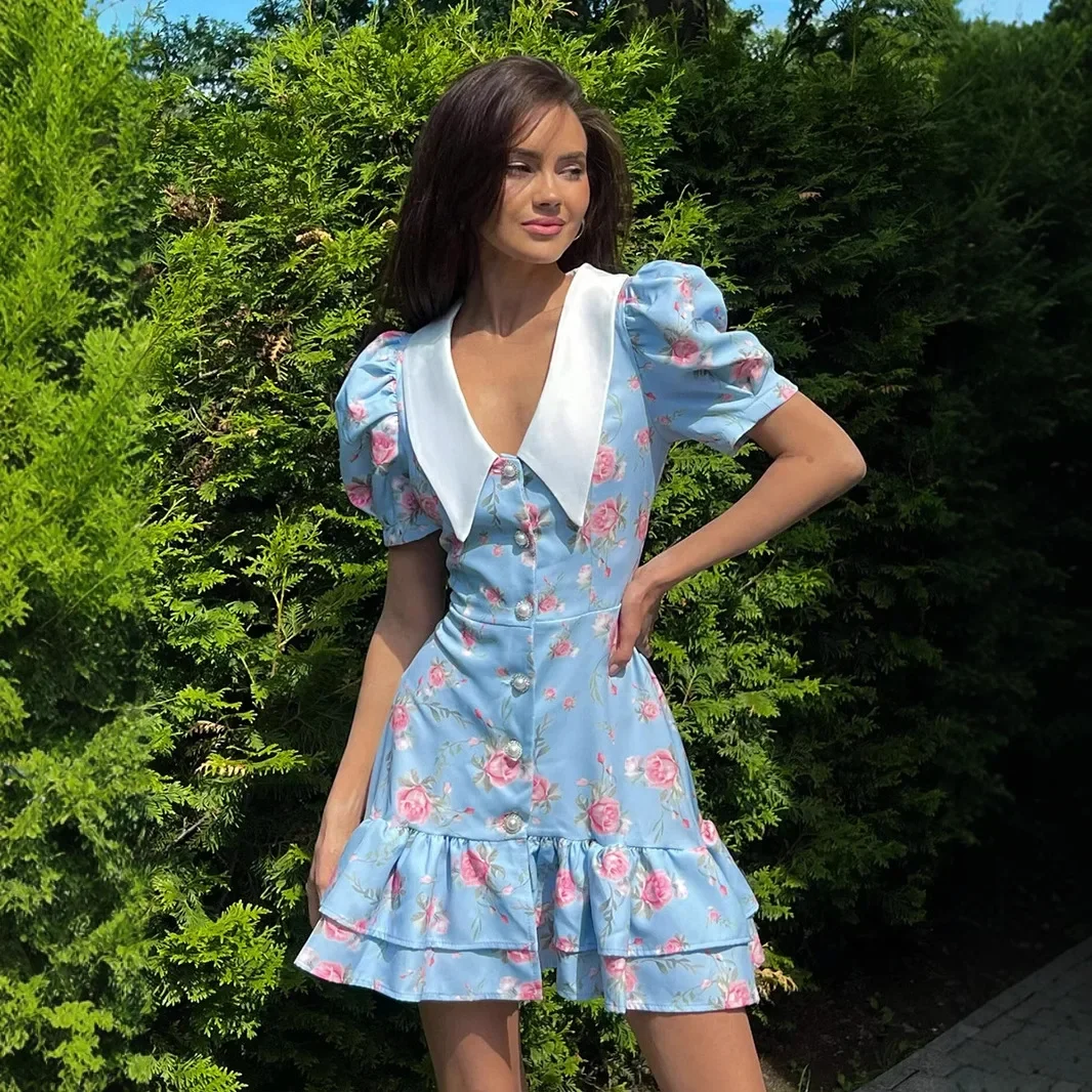 

Summer Dress French Bubble Sleeve Birthday Dress 2025 Summer Printed Ruffle Edge Dresses m
