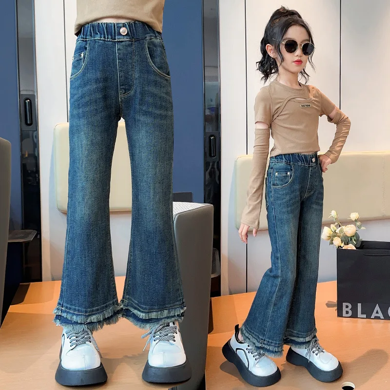 

Children's Pants, Girls' Double Layered Fringe Elastic Jeans with Cuffs, Autumn New Stylish Slim Fit Flared Pants