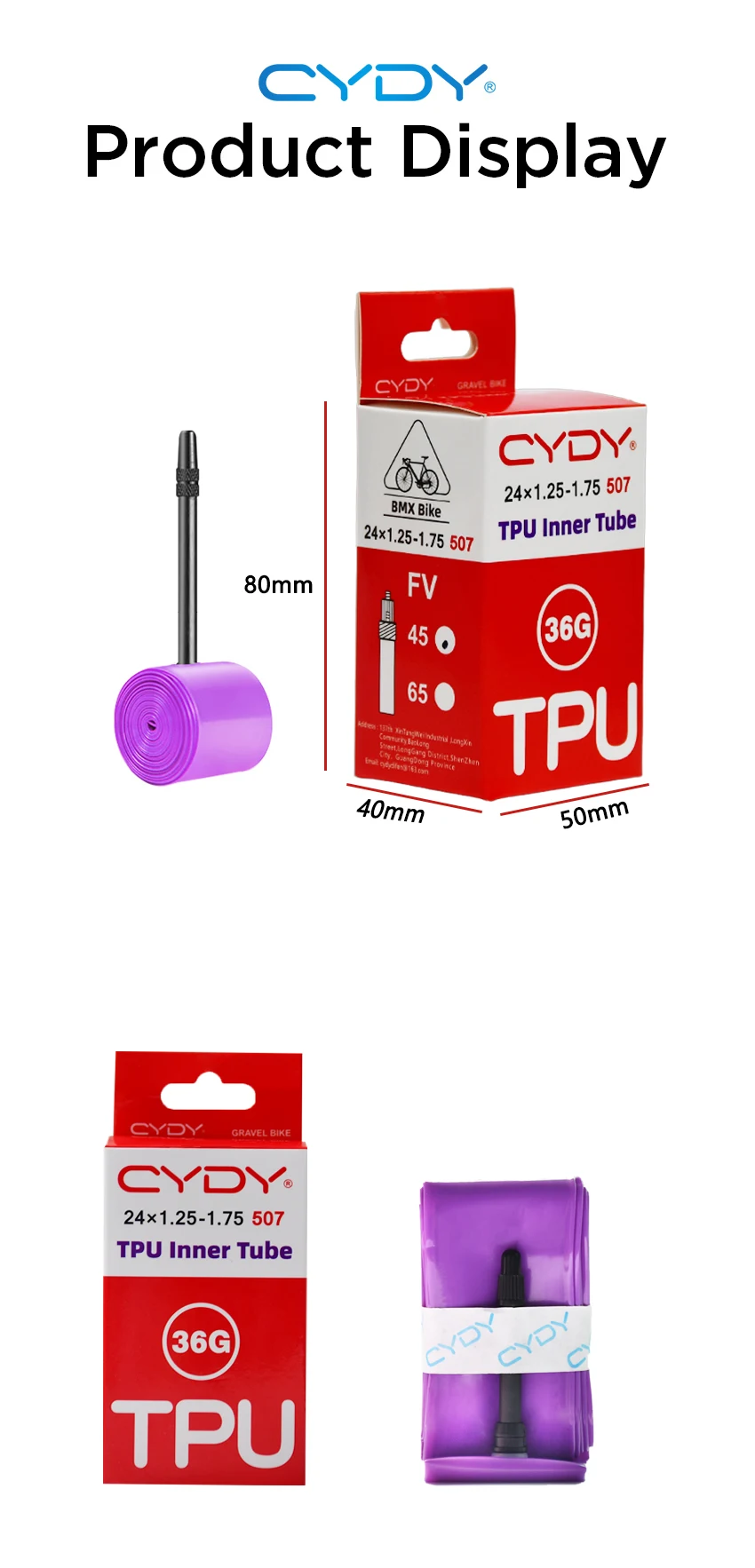 CYDY Fahrrad-TPU-Schlauch 24 Zoll 507 24x1.25 1.35 1.4 1.5 1.6 1.75 Zoll Ventil 45mm Reifenkamera BMX GRAVEL Bike Reifen Pneu 36G – Detail 10