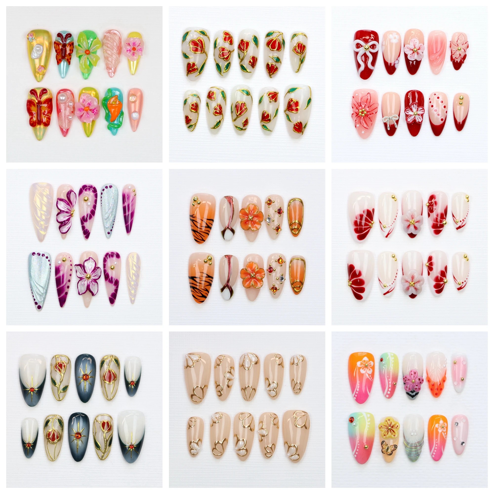 10Pcs 3D beautiful handmade Manicure Press On Nails, Acrylic Fake Handpainted Flowers Custom Design Adhesive Nail File Set