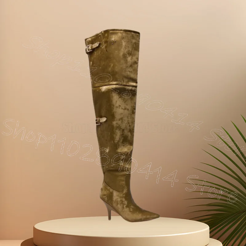 Yellow Suede Thigh High Pointed Toe Boots Buckle Strap Women Shoes Thin High Heels Dating Party Banquet 2026 Zapatos Para Mujere